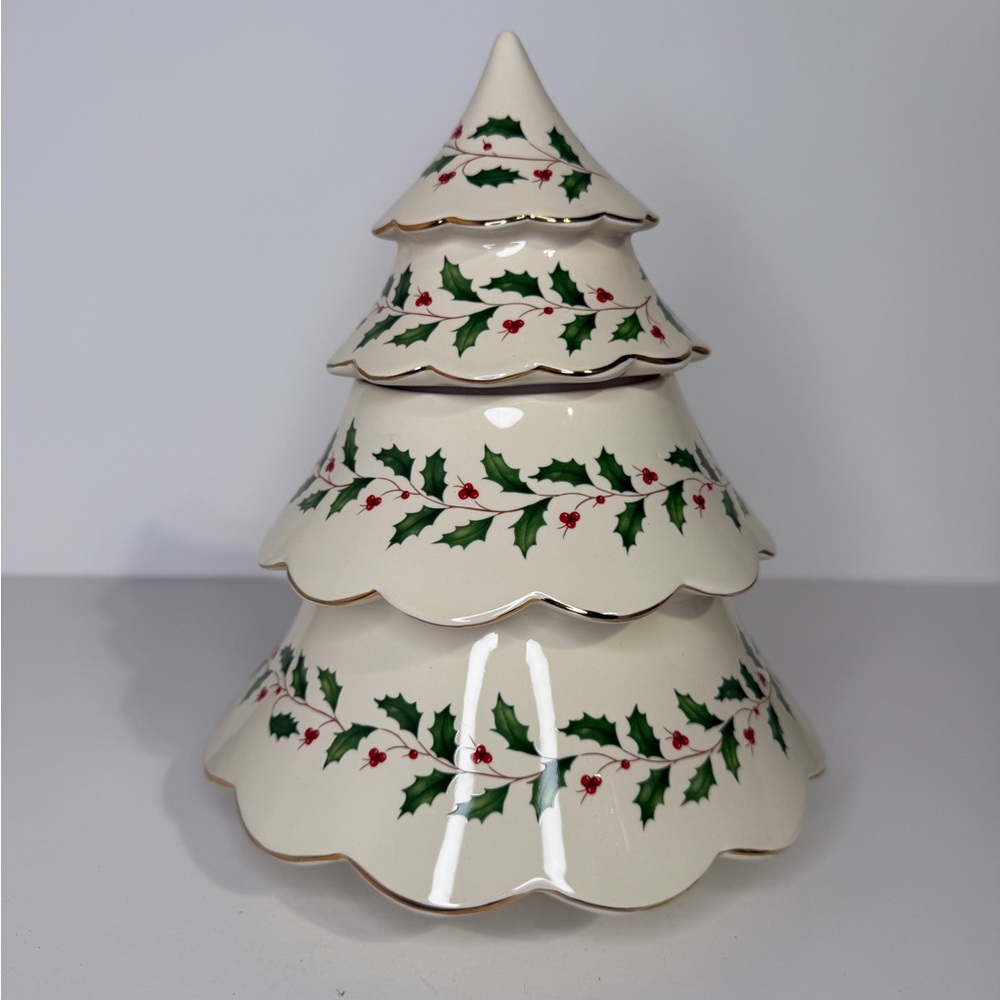 Lenox Archive Christmas Holiday Tree Cookie Jar with Holly Design